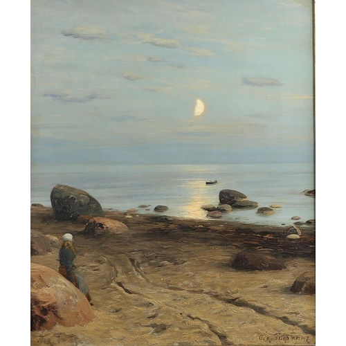 569 - OSKAR ADOLFOVITCH HOFFMANN (RUSSIAN, 1851-1912). MOONLIGHT ON THE SHORE. Signed in Cyrillic and date... 