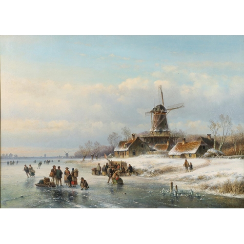 570 - LODEWIJK JOHANNES KLEIJN (1817-1897). A BRIGHT WINTER'S DAY: VILLAGERS ON A FROZEN RIVER NEAR A WIND... 