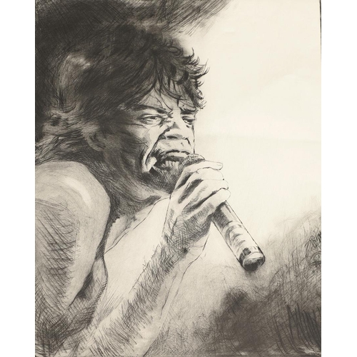 582 - RONNIE WOOD (B.1947). MICK JAGGER (from `THE ROLLING STONES SUITE`). (d) Etching, 1988, signed, titl... 