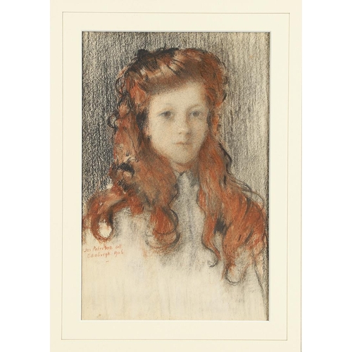 596 - JAMES PATERSON, RSA, RWS (1854-1932). PORTRAIT STUDY OF A FLAME-HAIRED GIRL. Signed and inscribed `E... 