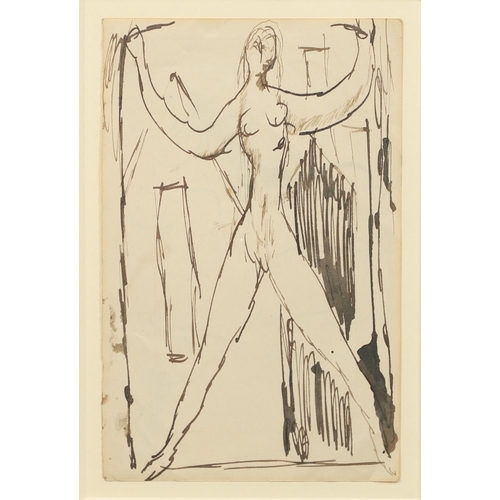 599 - DUNCAN GRANT (1885-1978). STANDING NUDE, ARMS RAISED (c.1916); LANDSCAPE (1919). (d) Two, sepia ink ... 