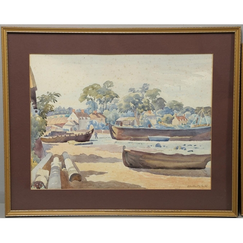 607 - ETHELBERT WHITE (1891-1972). LADY GATHERING FLOWERS; BEACHED BOATS; BOATS ON AN ESTUARY; BOAT ON A M... 