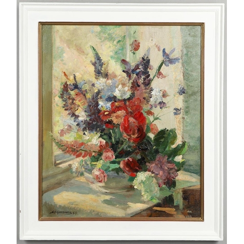 634 - STANLEY HORACE GARDINER (1887-1952). FLOWERS BY A WINDOW. (d) Signed and dated 49, oil on Masonite
5... 