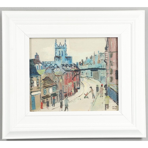 642 - FRED YATES (1922-2008). STREET SCENE, STAMFORD, LINCOLNSHIRE. (d) Signed, oil on canvas
24 x 29cm.  ... 