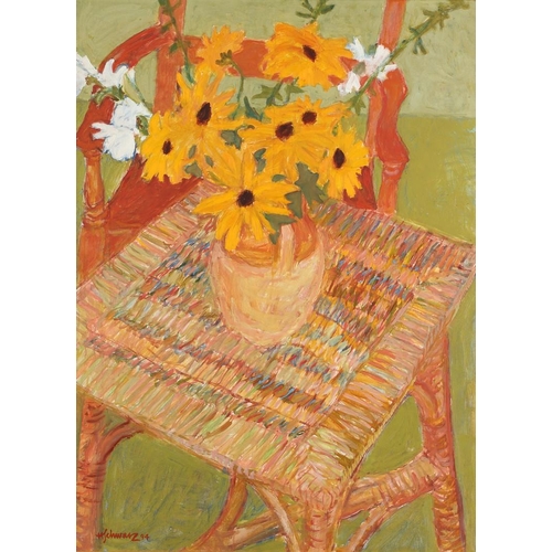 648 - HANS SCHWARZ (1922-2003). SUNFLOWERS ON A TABLE. (d) Signed and dated 94, oil on Masonite, some penc... 