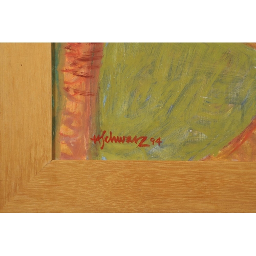 648 - HANS SCHWARZ (1922-2003). SUNFLOWERS ON A TABLE. (d) Signed and dated 94, oil on Masonite, some penc... 