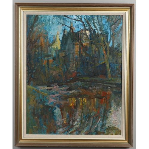 649 - WILLIAM BIRNIE (1929-2006). A BRIGHT AUTUMN DAY (KILBARCHAN?) (d) Signed and dated 79, oil on Masoni... 