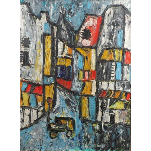 656 - GUSTAVO BOLDRINI (1927-1987). TOWN SCENE WITH CAR. (d) Signed and dated 58, also with inscribed sign... 