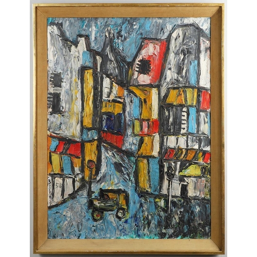 656 - GUSTAVO BOLDRINI (1927-1987). TOWN SCENE WITH CAR. (d) Signed and dated 58, also with inscribed sign... 