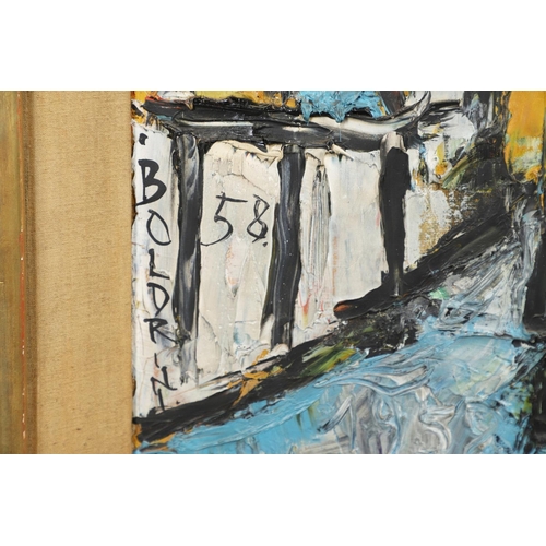 656 - GUSTAVO BOLDRINI (1927-1987). TOWN SCENE WITH CAR. (d) Signed and dated 58, also with inscribed sign... 