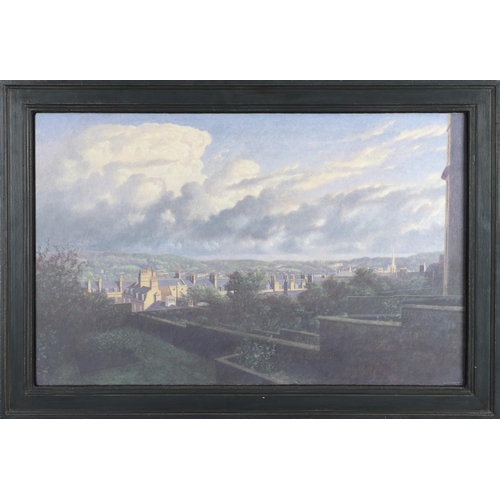 658 - JAMES LYNCH (B.1956). VIEW FROM BELMONT, BATH. (d) Signed (incised), inscribed verso, tempera on pan... 