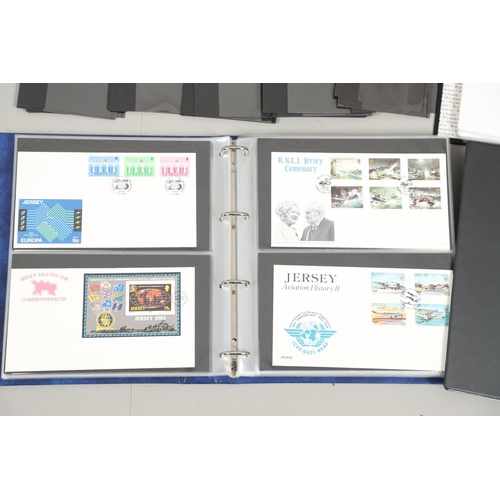 666 - JERSEY STAMP COLLECTION & FIRST DAY COVERS. Including three Stanley Gibbons albums in slip cases (Vo... 