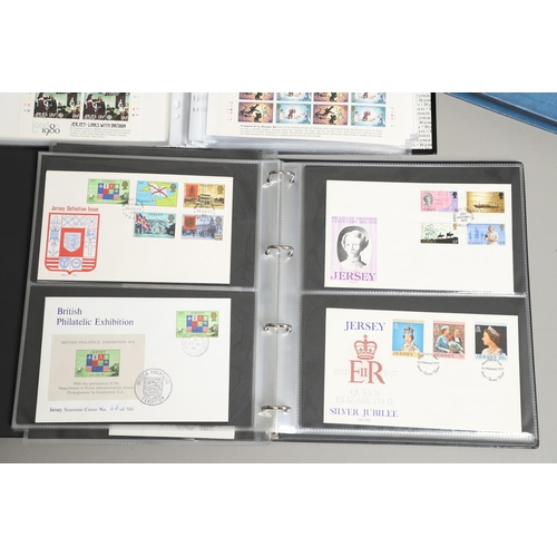 666 - JERSEY STAMP COLLECTION & FIRST DAY COVERS. Including three Stanley Gibbons albums in slip cases (Vo... 