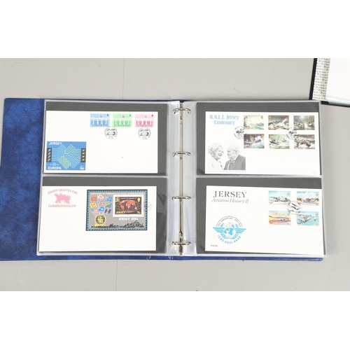 666 - JERSEY STAMP COLLECTION & FIRST DAY COVERS. Including three Stanley Gibbons albums in slip cases (Vo... 