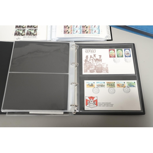 666 - JERSEY STAMP COLLECTION & FIRST DAY COVERS. Including three Stanley Gibbons albums in slip cases (Vo... 