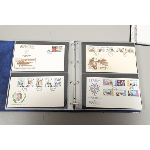 666 - JERSEY STAMP COLLECTION & FIRST DAY COVERS. Including three Stanley Gibbons albums in slip cases (Vo... 