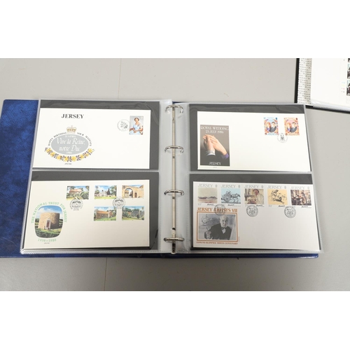 666 - JERSEY STAMP COLLECTION & FIRST DAY COVERS. Including three Stanley Gibbons albums in slip cases (Vo... 