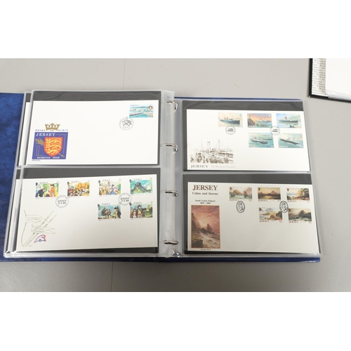 666 - JERSEY STAMP COLLECTION & FIRST DAY COVERS. Including three Stanley Gibbons albums in slip cases (Vo... 