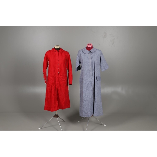 677 - VINTAGE NURSES UNIFORMS & RED CROSS APRONS. A qty of Nurses Uniforms to include a blue Chambray cott... 