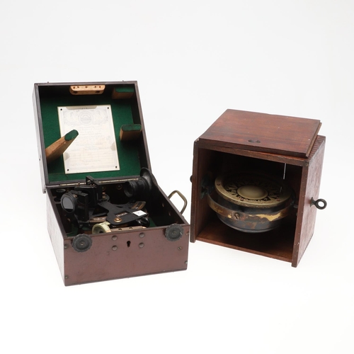 749 - CASED SEXTANT BY HENRY HUGHES & SON, & CASED GIMBAL COMPASS BY MAY HARDEN & MAY, SOUTHAMPTON. Includ... 