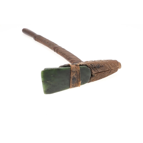 751 - TRIBAL INTEREST - MAORI CEREMONIAL ADZE OR TOKI. Probably 19thc, with a greenstone adze blade bound ... 