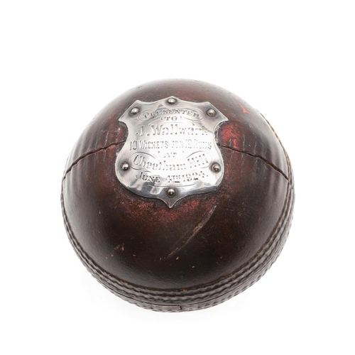 765 - EARLY PRESENTATION CRICKET BALL (1924) - J WALLWORK, LANCASHIRE CRICKET INTEREST. A leather cricket ... 