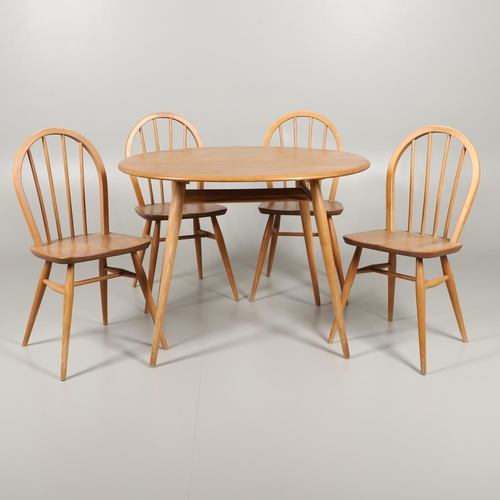 769 - VINTAGE ERCOL BREAKFAST TABLE & FOUR CHAIRS. A light elm and beech circular breakfast table with spi... 