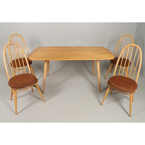 770 - VINTAGE ERCOL DINING TABLE & FOUR DINING CHAIRS. A large light elm and beech vintage Ercol dining ta... 