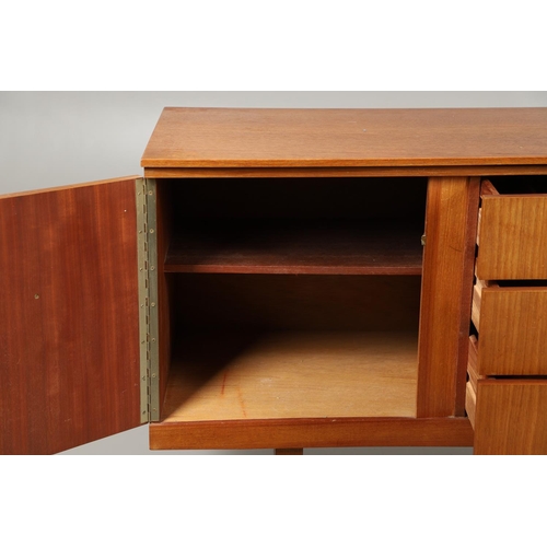 773 - MID CENTURY TEAK SIDEBOARD - BEAUTILITY. A large teak sideboard with a curved front, with three cent... 