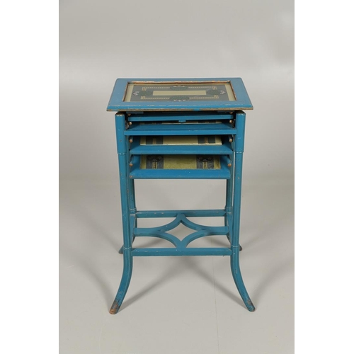 774 - UNUSUAL AESTHETIC MOVEMENT OCCASIONAL TABLE. An unusual blue painted wooden occasional table, the hi... 