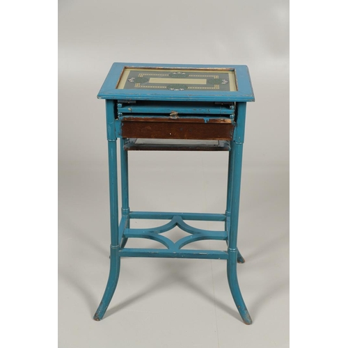 774 - UNUSUAL AESTHETIC MOVEMENT OCCASIONAL TABLE. An unusual blue painted wooden occasional table, the hi... 