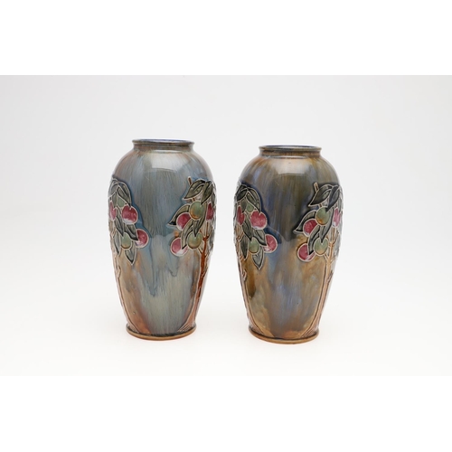 785 - PAIR OF ROYAL DOULTON VASES & STONEWARE SIGNED COTTAGE/MONEY BOX. A pair of circa 1930's vases, pain... 