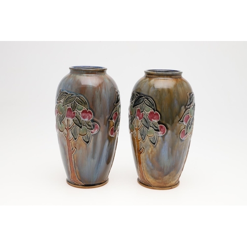 785 - PAIR OF ROYAL DOULTON VASES & STONEWARE SIGNED COTTAGE/MONEY BOX. A pair of circa 1930's vases, pain... 