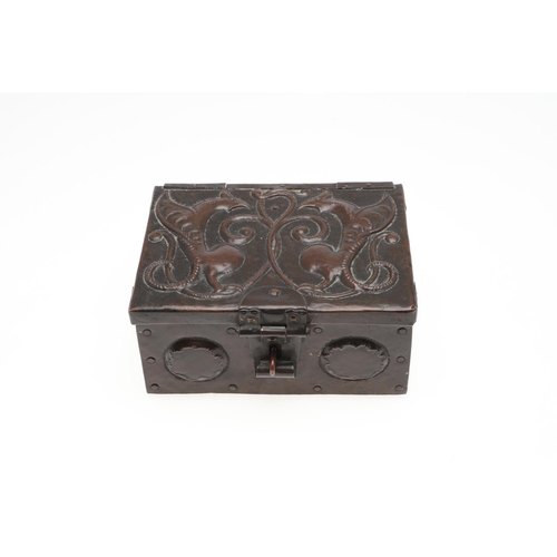 788 - JOHN PEARSON (1859-1930) - ARTS & CRAFTS COPPER BOX. A rectangular shaped box, the top embossed with... 