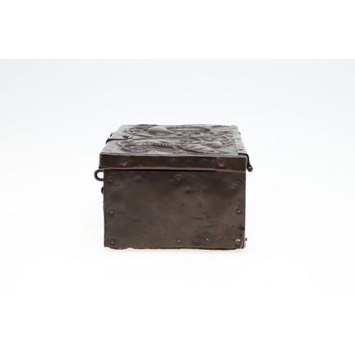 788 - JOHN PEARSON (1859-1930) - ARTS & CRAFTS COPPER BOX. A rectangular shaped box, the top embossed with... 