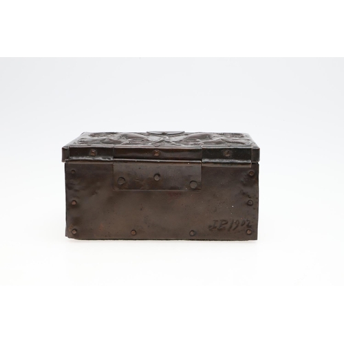 788 - JOHN PEARSON (1859-1930) - ARTS & CRAFTS COPPER BOX. A rectangular shaped box, the top embossed with... 