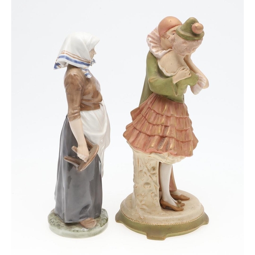 795 - ROYAL COPENHAGEN PORCELAIN FIGURE & ROYAL DUX FIGURE GROUP. A Royal Copenhagen figure of a farm girl... 