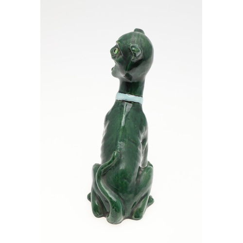 802 - ART POTTERY CAT. Possibly by Brannam, with green glass eyes elongated neck and green glaze. Unmarked... 