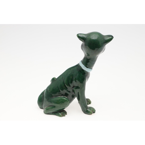 802 - ART POTTERY CAT. Possibly by Brannam, with green glass eyes elongated neck and green glaze. Unmarked... 