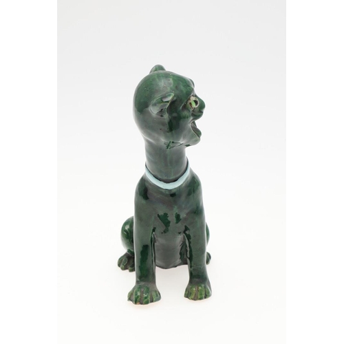 802 - ART POTTERY CAT. Possibly by Brannam, with green glass eyes elongated neck and green glaze. Unmarked... 