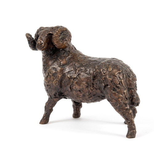 808 - JILL TWEED - (BRITISH 20THC) LIMITED EDITION BRONZE RAM. Titled 'Stud', a bronze figure of a standin... 