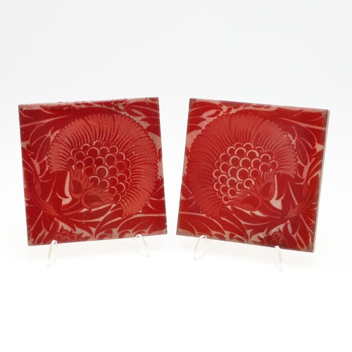 810 - WILLIAM DE MORGAN TILES. Two Merton Abbey period ruby lustre tiles in a version of the BBB design, w... 