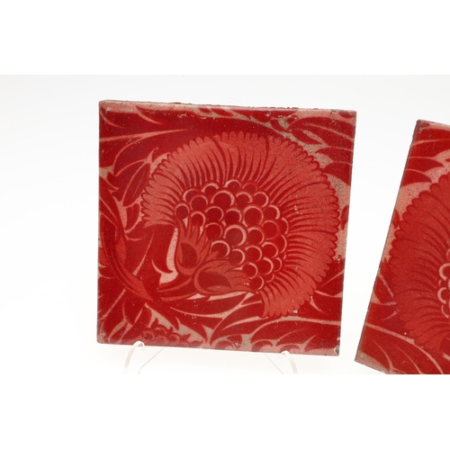 810 - WILLIAM DE MORGAN TILES. Two Merton Abbey period ruby lustre tiles in a version of the BBB design, w... 