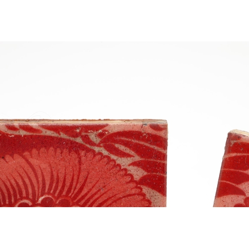 810 - WILLIAM DE MORGAN TILES. Two Merton Abbey period ruby lustre tiles in a version of the BBB design, w... 