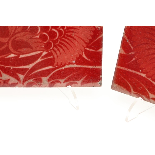 810 - WILLIAM DE MORGAN TILES. Two Merton Abbey period ruby lustre tiles in a version of the BBB design, w... 