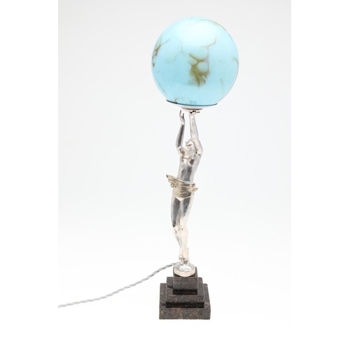 816 - ART DECO FIGURAL LAMP & GLASS SHADE. A circa 1920's/30's lamp in the form of a silvered ladym mounte... 