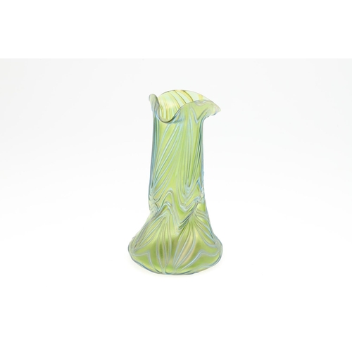 821 - LOETZ STYLE ART GLASS VASE. A large green iridescent glass vase, the body of pinched form with trail... 