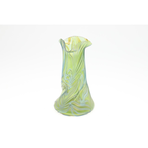 821 - LOETZ STYLE ART GLASS VASE. A large green iridescent glass vase, the body of pinched form with trail... 