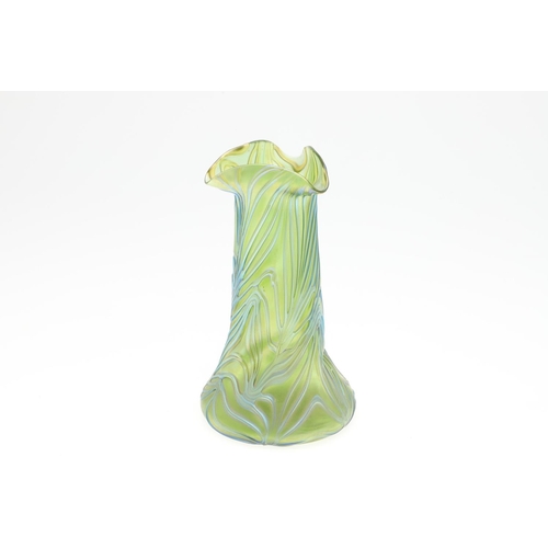 821 - LOETZ STYLE ART GLASS VASE. A large green iridescent glass vase, the body of pinched form with trail... 