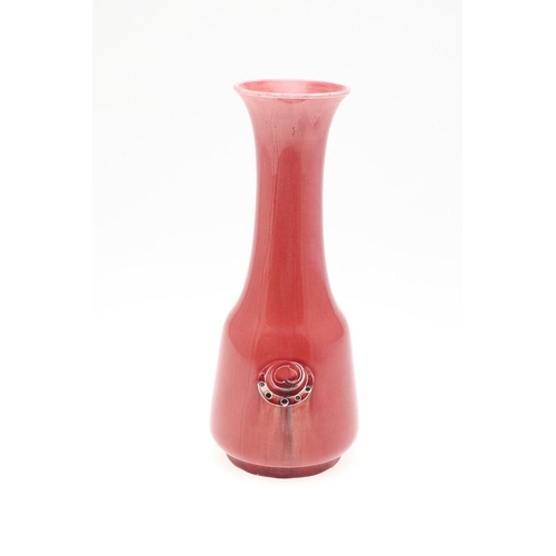 827 - WILLIAM MOORCROFT FLAMMINIAN VASE. The vase with a long slender neck, with a stylised motif to each ... 